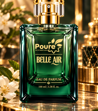 Poure Belle Air Perfume (Warm Amber, Smoky Woods & Powdery Balsamic) A sophisticated fragrance that opens with rich amber and elegant woody accords, creating a warm and captivating first impression. At its heart, fresh notes blend with smoky nuances, adding depth and intriguing character. The scent settles into a smooth combination of balsamic richness and soft powdery accords, leaving a refined, comforting trail. Mysterious, elegant, and effortlessly luxurious, this fragrance is perfect for those who appreciate depth and understated sophistication. Pack: 100 ml SKU : CH-020-OP-03.00