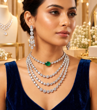 American Diamond Layered Necklace Set with Earrings | Emerald Green Stone Bridal Jewellery | Luxury Party Wear Necklace SKU : 9NK-1115-GU-46.43