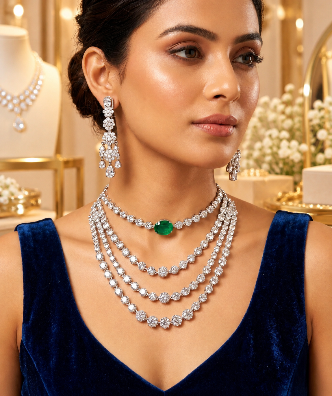 American Diamond Layered Necklace Set with Earrings | Emerald Green Stone Bridal Jewellery | Luxury Party Wear Necklace SKU : 9NK-1115-GU-46.43