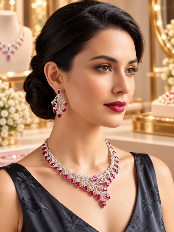 Premium American Diamond CZ Necklace Set for Women | Luxury Bridal Wedding Jewellery Set | Party Wear Crystal Necklace & Earrings SKU : 19NK-1990-OP-17.49