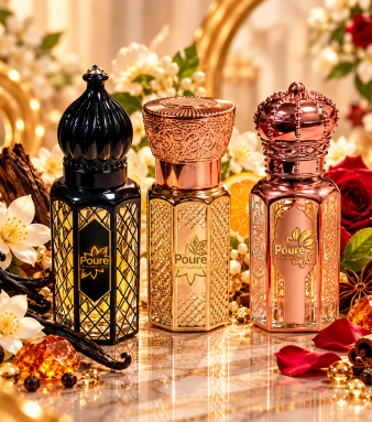 **Poure Luxury Attar Set of 3** Experience the art of liquid luxury with the Poure Set of 3 Premium Attars. Featuring three exquisite fragrances in elegant, intricately designed bottles, this collection blends captivating floral notes, rich woody accords, and warm oriental aromas. Perfect for everyday wear, special occasions, and gifting, each attar adds a touch of sophistication and lasting elegance to your fragrance collection.