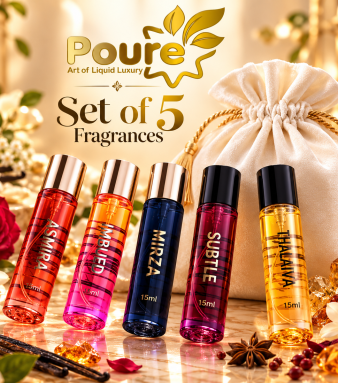 POURE – Set of 5 Fragrances (Asmira, Imbued, Mirza, Subtle, and Thalaiva) Discover the art of fine perfumery with the POURE Set of 5 Fragrances, an exclusive collection designed for those who appreciate luxury, individuality, and captivating scents. Featuring five distinctive 15ml fragrances—Asmira, Imbued, Mirza, Subtle, and Thalaiva—this premium collection brings together a variety of fragrance experiences, from delicate florals and sensual woods to rich spices and deep, sophisticated accords. Each fragrance comes in a sleek, travel-friendly 15ml bottle, making it easy to carry your favourite scent wherever life takes you. Whether you're heading to work, enjoying a special evening, travelling, or simply elevating your everyday routine, this collection offers a fragrance for every mood and moment.