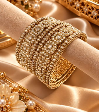 Ships in 5 working day(s) Royal Pearl Kundan Bridal Kada Set for Women | Gold Plated Wedding Bangles Set | Traditional Indian Jewelry SKU : CH-020-OP-03.00