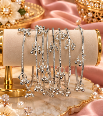 Silver Kashmiri Ghungru Bangles Set with 8 PCS | Indian Jewellery Bridal Bangle Set | Traditional Indian Bangles Set for Wedding & Festive Wear SKU : STK-001-OP-Silver 10001
