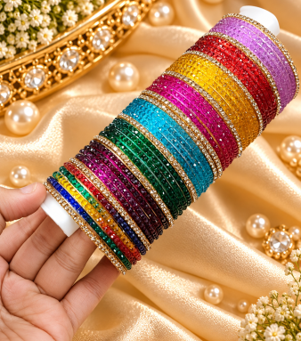 Indian New Raindrop Glass Bangles with Gold Stone Accents | Multi-Shade Designer Bangles Bridal Bangle Set | Traditional Indian Jewellery Bangles S