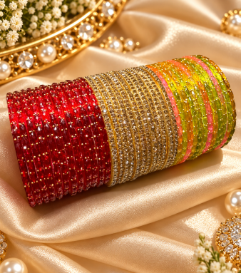Indian Gold Drop Glass Bangles with Moti Design | Bridal Bangle Set | 3 Colour Combo Glass Bangles | Traditional Wedding Jewellery for Women