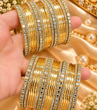 Kundan Steel Bangles Set | 8 Kundan Bangles, 12 Stone Bangles & 2 Dozen Steel Bangles | Bridal & Festive Jewellery Combo for Women SKU : BK-0670-OP-05.99