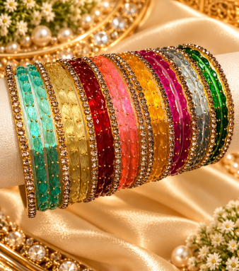 Ships in 5 working day(s) Indian New Glass Gold Stone Bangles with Raindrop Design | Bridal Bangle Set | Traditional Indian Jewellery Bangles Set SKU : BK-0645-OP-03.50