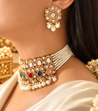 Multi-Stone Kundan Pearl Choker Set – Royal Traditional Beauty SKU : 16-OP-32.50