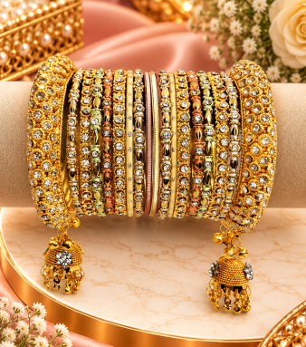 Golden Pink Shade Bridal Jhumki Bangles Set SKU : ICLE15228_6157