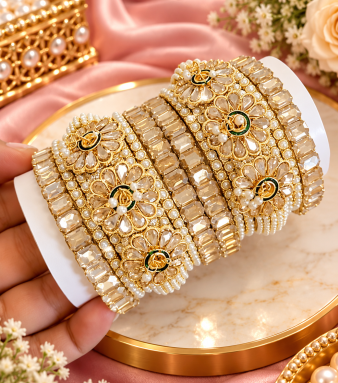 Gold Bangle Set with Pearls American Diamonds - Indian Bangles SKU : libasaa00524