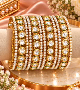 Exquisite Pearl Studded Kundan Bangles Set, Ethnic Jewelry Set, Gold Plated Bridal Jewelry, Wedding Pearl bangles, Kundan Chura Set SKU : Poure00802