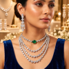 American Diamond Layered Necklace Set with Earrings | Emerald Green Stone Bridal Jewellery | Luxury Party Wear Necklace