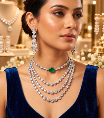 American Diamond Layered Necklace Set with Earrings | Emerald Green Stone Bridal Jewellery | Luxury Party Wear Necklace