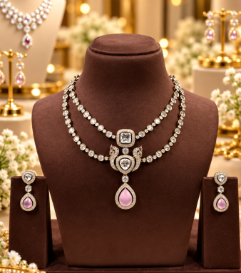 American Diamond Double Layer Necklace Set with Pink Teardrop Pendant & Matching Earrings | Elegant Bridal & Party Wear Jewellery