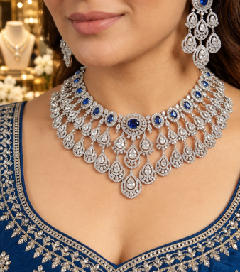 American Diamond Bridal Necklace Set with Stone Earrings – Silver Plated Wedding & Party Wear Jewellery