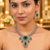 American Diamond Semi Necklace Set with Earrings Silver-Tone White Gold Finish Bridal & Party Wear Jewellery for Women