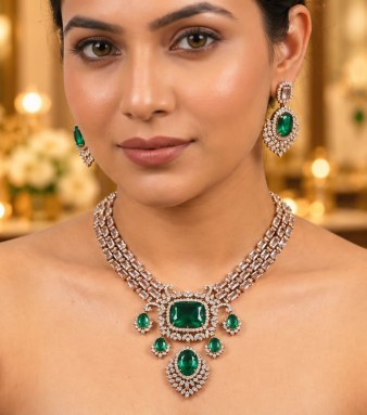 American Diamond Semi Necklace Set with Earrings Silver-Tone White Gold Finish Bridal & Party Wear Jewellery for Women