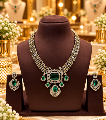 American Diamond Semi Necklace Set with Earrings Silver-Tone White Gold Finish Bridal & Party Wear Jewellery for Women