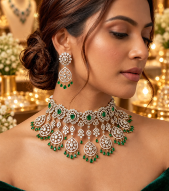 Royal Victorian AD Green Stone Choker Necklace with Earrings Bridal Statement Jewellery Set