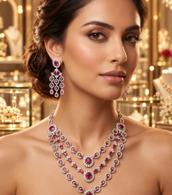 Luxury Ruby Red American Diamond Bridal Necklace Set with Long Chandelier Earrings Silver Plated Wedding & Party Jewellery for Women