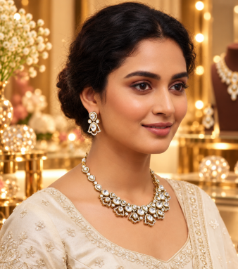 Kundan Necklace Set with Matching Earrings | Indian Jewellery Gold-Toned Finish Traditional Necklace Set | Wedding & Party Wear Indian Necklace Set