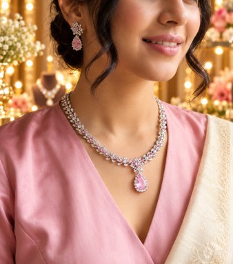 Silver CZ Necklace Set with Pink Teardrop Stones | Silver-Plated Indian Jewellery | Elegant Indian Necklace Set With Matching Earrings
