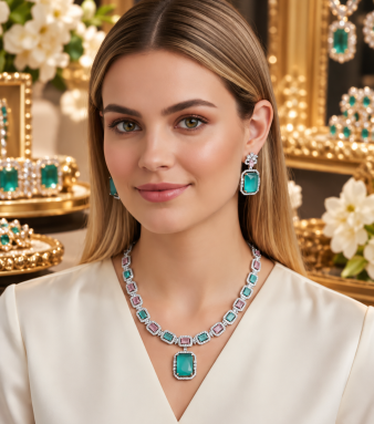 Dual-Tone Green & Pink Stone Diamond Necklace Set with Earrings | Indian Jewellery | Stone Diamond Jewellery | Indian Necklace Set