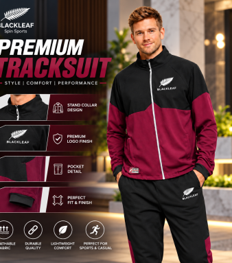 BLACKLEAF Premium Sports Tracksuit for Men – Stylish, Comfortable & Performance-Ready BLACKLEAF Premium Tracksuit – Style Meets Performance Upgrade your athletic wardrobe with the BLACKLEAF Premium Tracksuit, designed for the perfect blend of style, comfort, and performance. Featuring a modern black-and-burgundy color combination, a sleek stand collar, a smooth front zipper, and signature logo detailing, it delivers a sporty and stylish look. Lightweight, comfortable, and versatile, it’s ideal for workouts, outdoor activities, travel, and everyday casual wear.