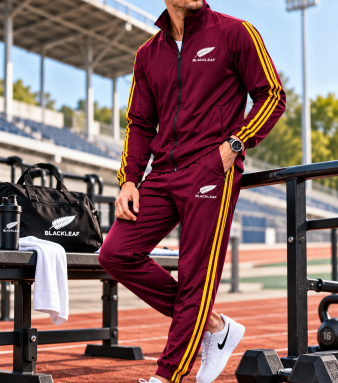 BLACKLEAF Premium Sports Tracksuit for Men – Stylish, Comfortable & Performance-Ready BLACKLEAF Premium Tracksuit – Style Meets Performance Upgrade your athletic wardrobe with the BLACKLEAF Premium Tracksuit, designed for the perfect blend of style, comfort, and performance. Featuring a modern black-and-burgundy color combination, a sleek stand collar, a smooth front zipper, and signature logo detailing, it delivers a sporty and stylish look. Lightweight, comfortable, and versatile, it’s ideal for workouts, outdoor activities, travel, and everyday casual wear.