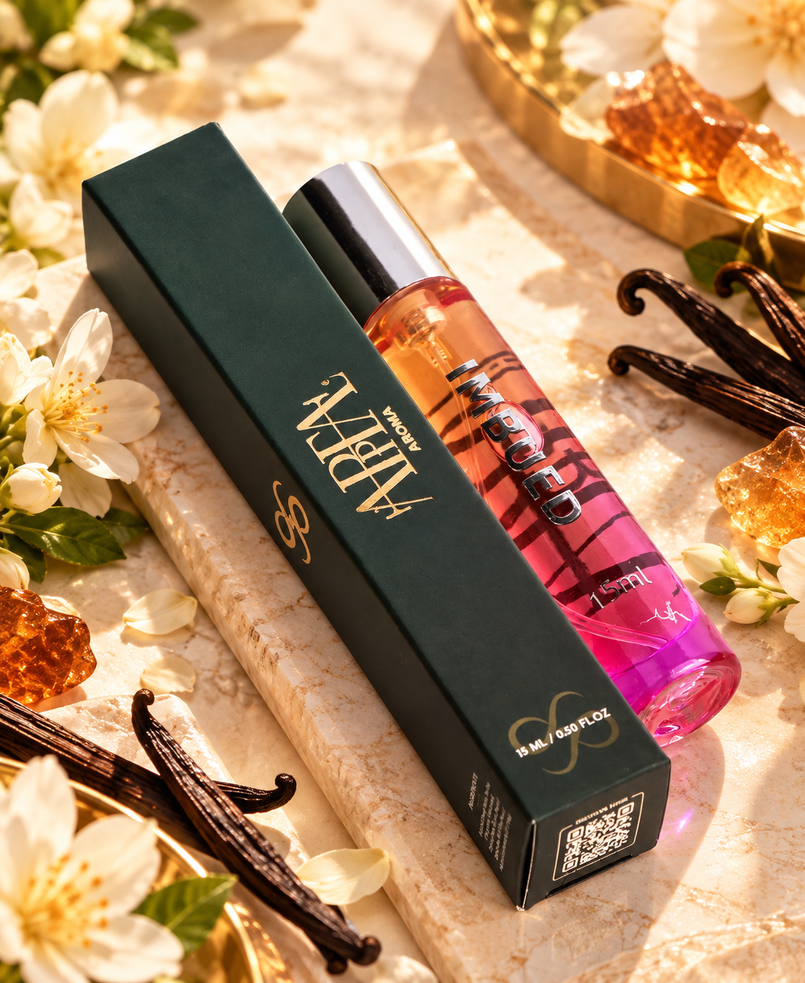 Imbued Perfume (A Bold, Smoky Blend of Incense, Warm Spices, Rich Leather, and Dark Rose) Imbued 15ml combines smoky incense and warm spices with the richness of leather and the deep elegance of dark rose. With the same fragrance concentration as the 100ml bottle, it delivers the full intensity and character of the original perfume in a compact size—nothing diluted, nothing held back.