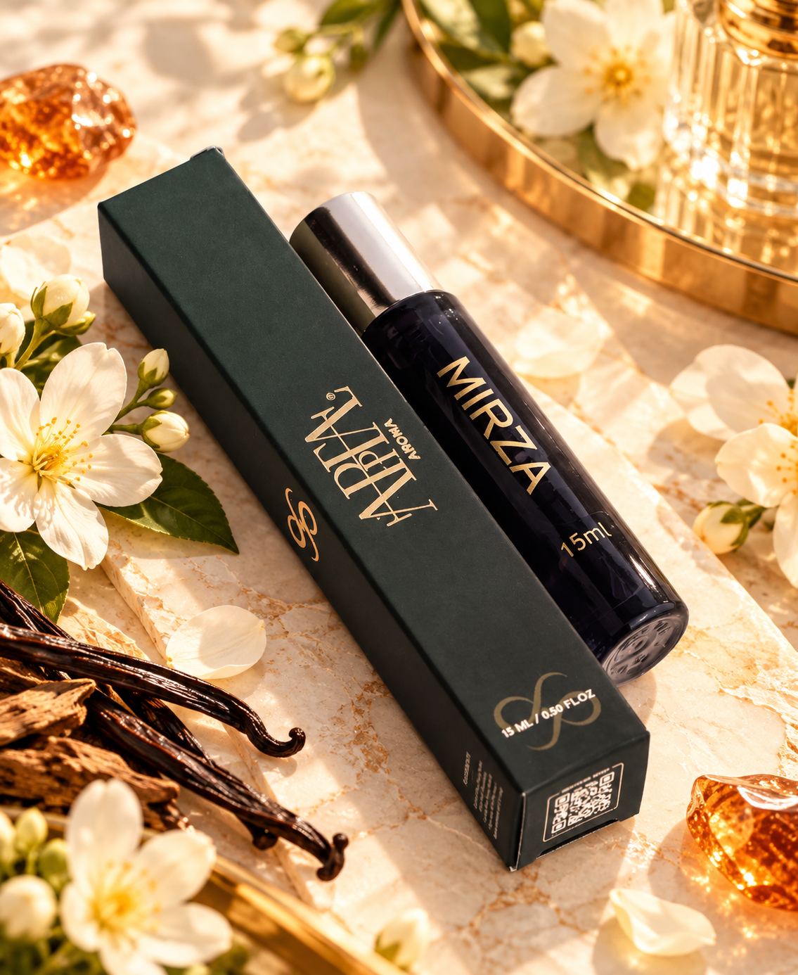 Mirza Perfume (A Luxurious Blend of Oud, Saffron, Amber, Rose, Musk, and Cedarwood) Mirza 15ml brings together rich oud and warm saffron, unfolding into an elegant heart of amber and rose, finished with the sensual depth of musk and cedarwood. With the same fragrance concentration as the 100ml bottle, it delivers the complete luxurious scent in a compact size, perfect for everyday wear or travel.