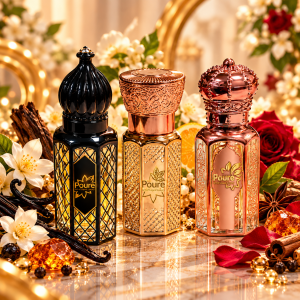 **Poure Luxury Attar Set of 3**Experience the art of liquid luxury with the Poure Set of 3 Premium Attars. Featuring three exquisite fragrances in elegant, intricately designed bottles, this collection blends captivating floral notes, rich woody accords, and warm oriental aromas. Perfect for everyday wear, special occasions, and gifting, each attar adds a touch of sophistication and lasting elegance to your fragrance collection.