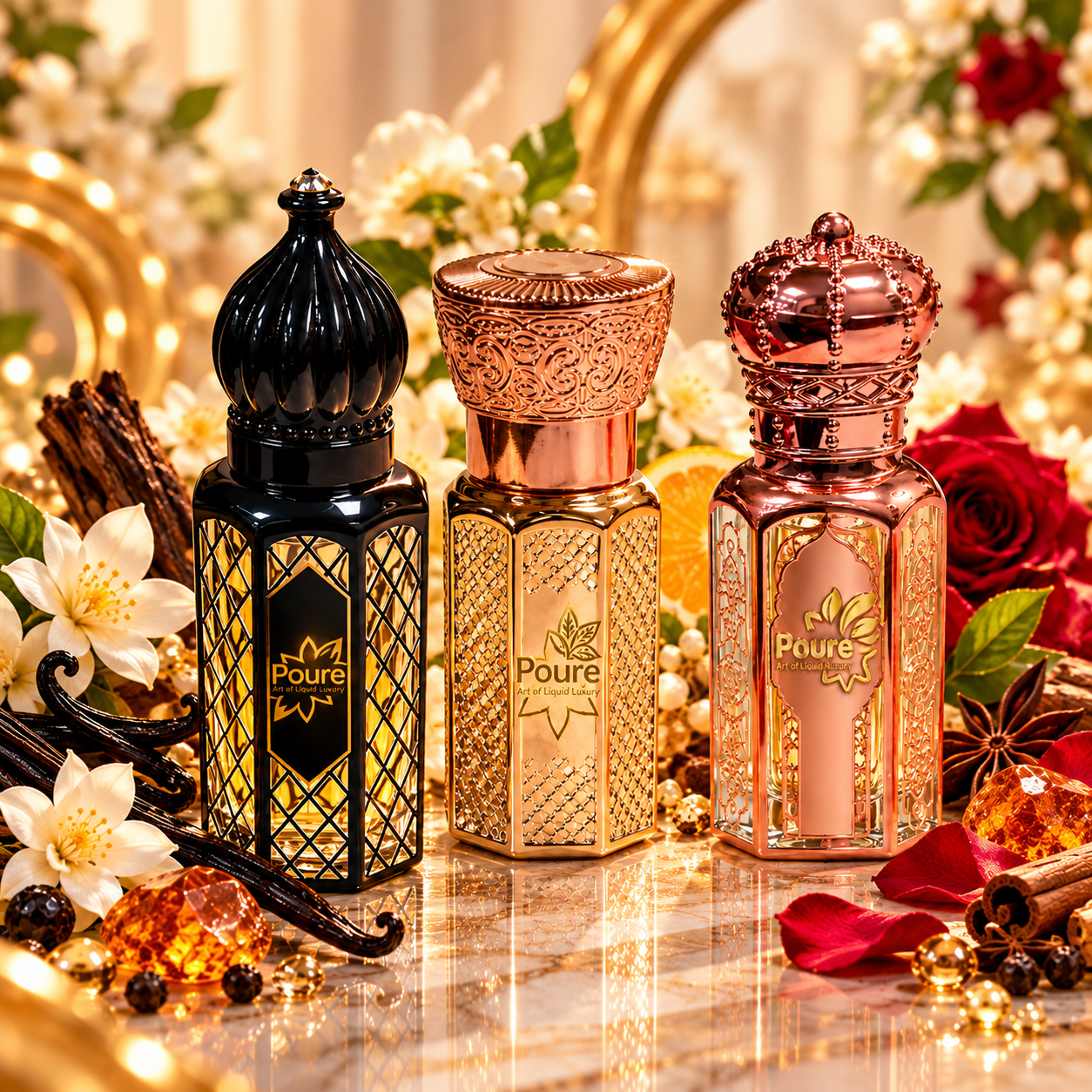 **Poure Luxury Attar Set of 3** Experience the art of liquid luxury with the Poure Set of 3 Premium Attars. Featuring three exquisite fragrances in elegant, intricately designed bottles, this collection blends captivating floral notes, rich woody accords, and warm oriental aromas. Perfect for everyday wear, special occasions, and gifting, each attar adds a touch of sophistication and lasting elegance to your fragrance collection.
