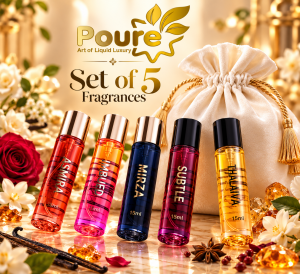 POURE – Set of 5 Fragrances (Asmira, Imbued, Mirza, Subtle, and Thalaiva)Discover the art of fine perfumery with the POURE Set of 5 Fragrances, an exclusive collection designed for those who appreciate luxury, individuality, and captivating scents. Featuring five distinctive 15ml fragrances—Asmira, Imbued, Mirza, Subtle, and Thalaiva—this premium collection brings together a variety of fragrance experiences, from delicate florals and sensual woods to rich spices and deep, sophisticated accords. Each fragrance comes in a sleek, travel-friendly 15ml bottle, making it easy to carry your favourite scent wherever life takes you. Whether you're heading to work, enjoying a special evening, travelling, or simply elevating your everyday routine, this collection offers a fragrance for every mood and moment.