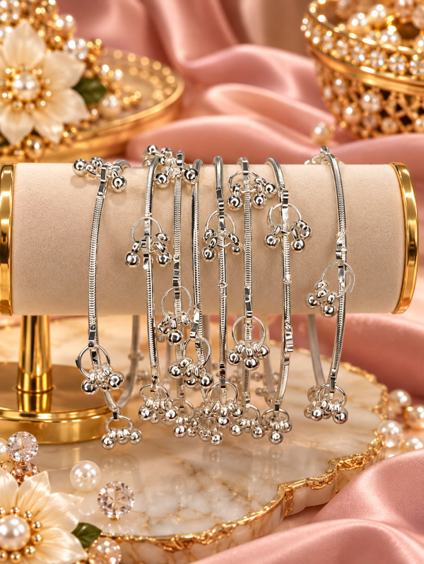 Silver Kashmiri Ghungru Bangles Set with 8 PCS | Indian Jewellery Bridal Bangle Set | Traditional Indian Bangles Set for Wedding & Festive Wear SKU : STK-001-OP-Silver 10001