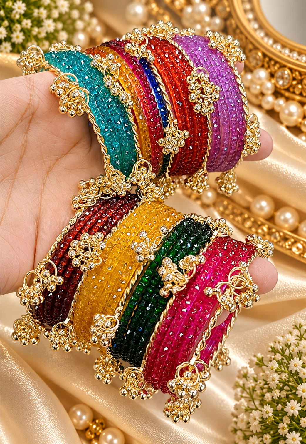 Ships in 5 working day(s) Indian New Kashmiri Ghunghroo Bangles with Flower Design | Bridal Bangle Set | Traditional Indian Jewellery Bangles Set SKU : BK-0657-OP-09.50