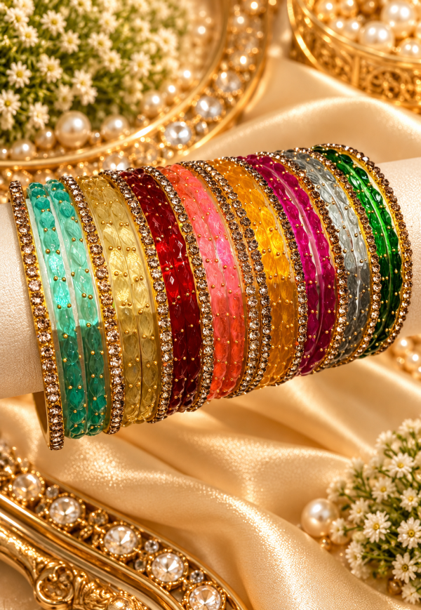 Ships in 5 working day(s) Indian New Glass Gold Stone Bangles with Raindrop Design | Bridal Bangle Set | Traditional Indian Jewellery Bangles Set SKU : BK-0645-OP-03.50