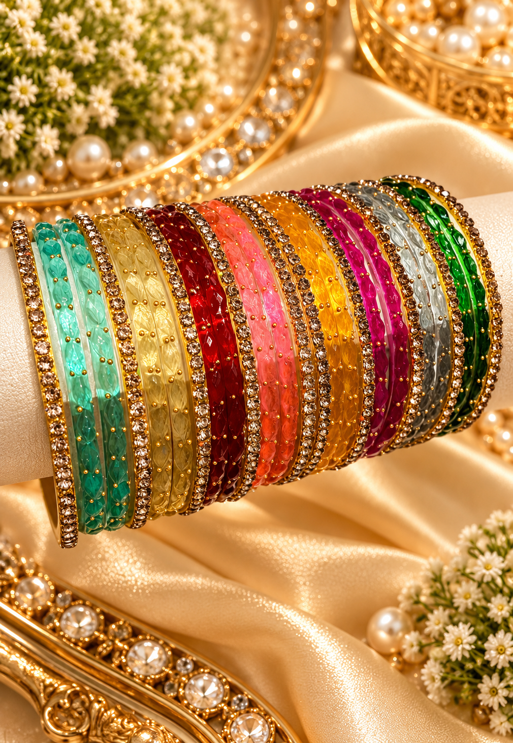 Ships in 5 working day(s) Indian New Glass Gold Stone Bangles with Raindrop Design | Bridal Bangle Set | Traditional Indian Jewellery Bangles Set SKU : BK-0645-OP-03.50