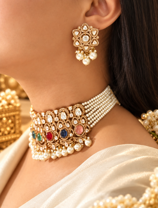 Multi-Stone Kundan Pearl Choker Set – Royal Traditional Beauty SKU : 16-OP-32.50