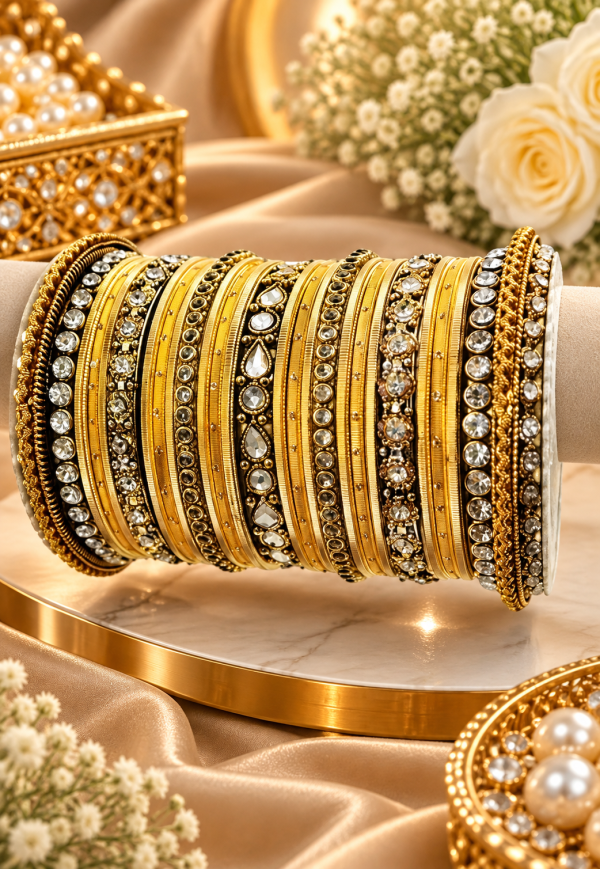 Gold Bangles Set with Stone Work Kadas, Traditional Indian Bridal Wedding Jewelry for Women SKU : ICLE15225