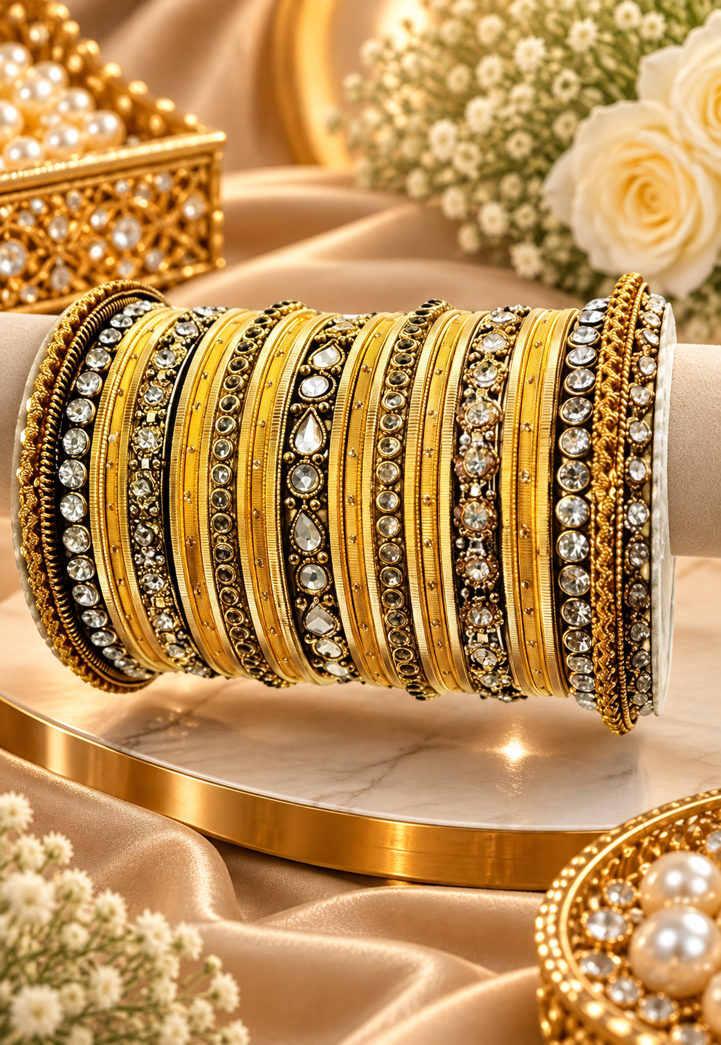 Gold Bangles Set with Stone Work Kadas, Traditional Indian Bridal Wedding Jewelry for Women SKU : ICLE15225