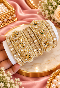 Gold Bangle Set with Pearls American Diamonds - Indian BanglesSKU : libasaa00524