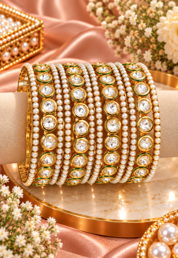 Exquisite Pearl Studded Kundan Bangles Set, Ethnic Jewelry Set, Gold Plated Bridal Jewelry, Wedding Pearl bangles, Kundan Chura Set SKU : Poure00802