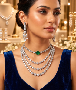 American Diamond Layered Necklace Set with Earrings | Emerald Green Stone Bridal Jewellery | Luxury Party Wear Necklace