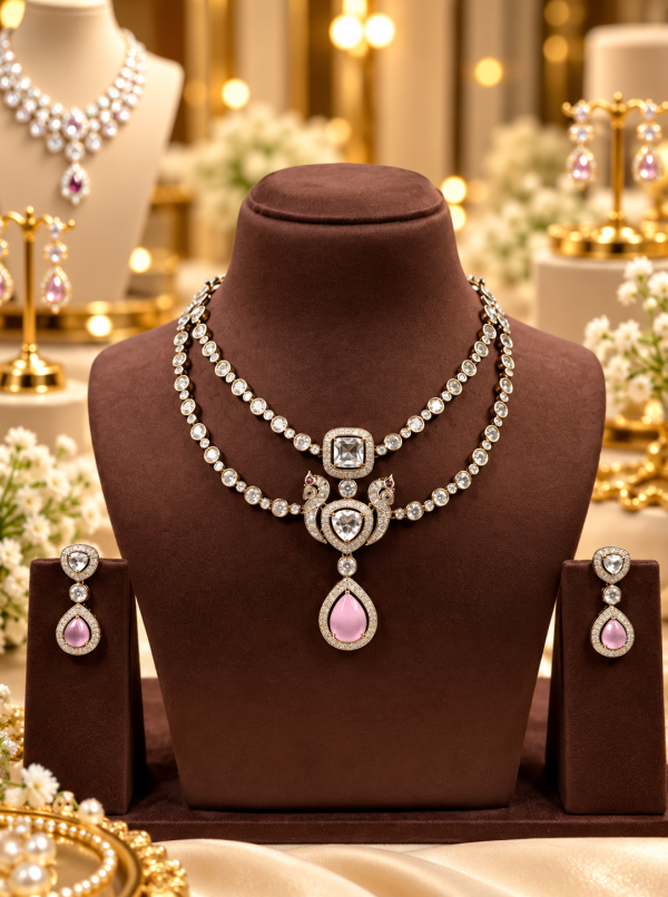 American Diamond Double Layer Necklace Set with Pink Teardrop Pendant & Matching Earrings | Elegant Bridal & Party Wear Jewellery