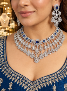American Diamond Bridal Necklace Set with Stone Earrings – Silver Plated Wedding & Party Wear Jewellery
