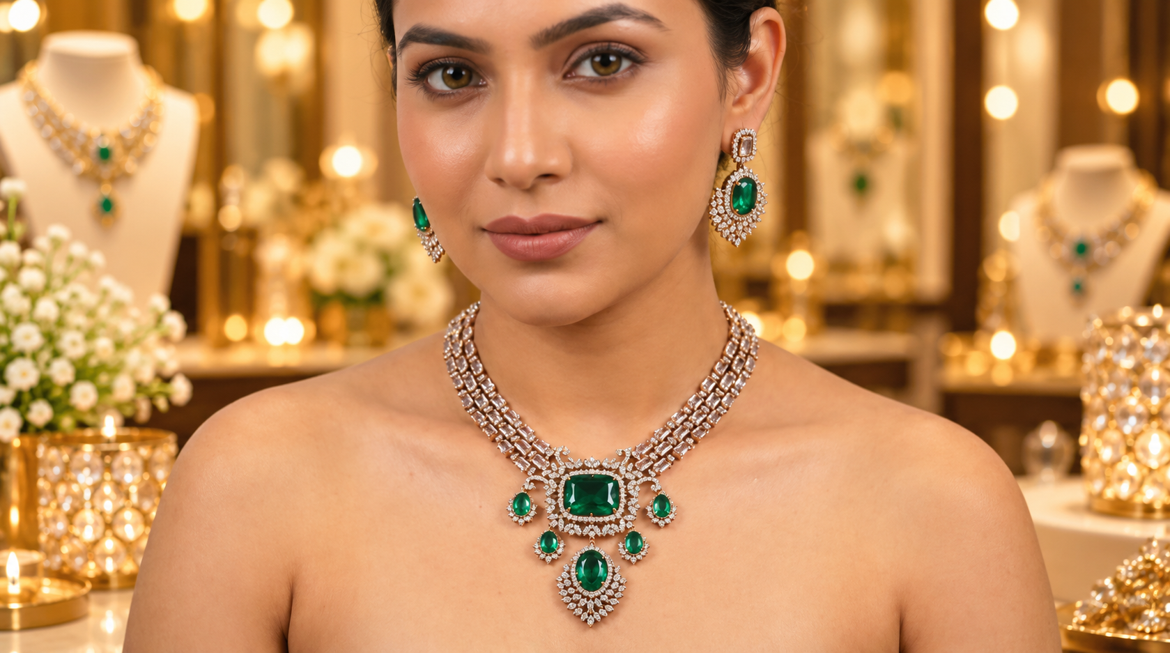 American Diamond Semi Necklace Set with Earrings Silver-Tone White Gold Finish Bridal & Party Wear Jewellery for Women