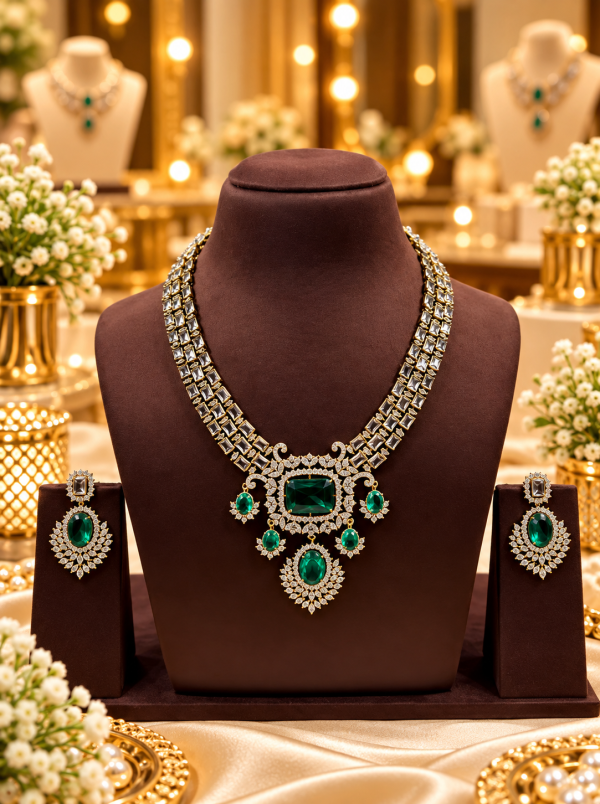 American Diamond Semi Necklace Set with Earrings Silver-Tone White Gold Finish Bridal & Party Wear Jewellery for Women