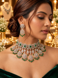 Royal Victorian AD Green Stone Choker Necklace with Earrings Bridal Statement Jewellery Set